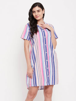 Clovia - Button Me Up Stripes Short Nightdress-multi-color