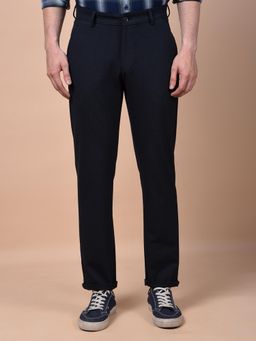 CRIMSOUNE CLUB - Men Navy Blue Solid Regular Fit Casual Trouser