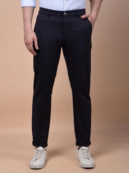 CRIMSOUNE CLUB - Men Navy Blue Solid Regular Fit Casual Trouser