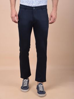 CRIMSOUNE CLUB - Men Navy Blue Solid Regular Fit Casual Trouser
