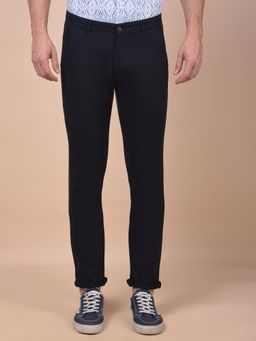 CRIMSOUNE CLUB - Men Navy Blue Solid Regular Fit Casual Trouser