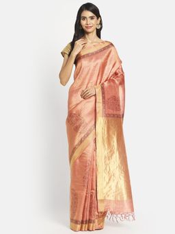 Fabindia - Peach Cotton Silk Maheshwari Saree without Blouse