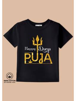 BLUSHES - Happy Durga Puja Tyopograhpy Print T-Shirt - Black