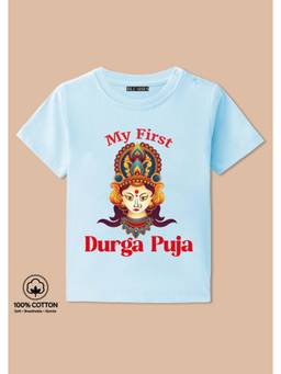 BLUSHES - My First Durga Puja Graphic Print T-Shirt - aqua blue