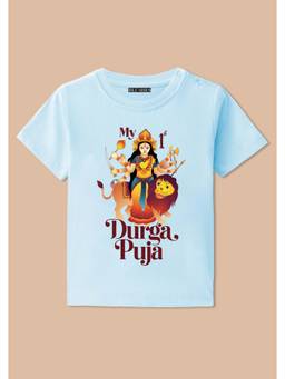 BLUSHES - My First Durga Puja Graphic Print T-Shirt - aqua blue