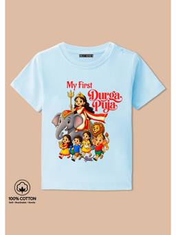 BLUSHES - My First Durga Puja Graphic Print T-Shirt - aqua blue