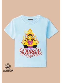 BLUSHES - My First Durga Puja Graphic Print T-Shirt - aqua blue