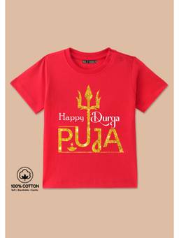 BLUSHES - Happy Durga Puja Tyopograhpy Print T-Shirt - red