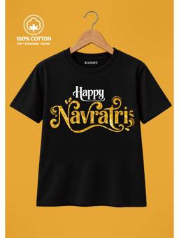 BLUSHES - Happy Navratri Typography Print T-Shirt - Black