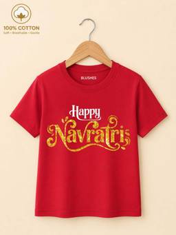 BLUSHES - Happy Navratri Typography Print T-Shirt - Red