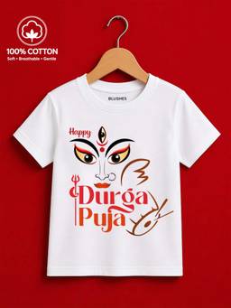 BLUSHES - Happy Durga Puja Graphic Print T-Shirt - White