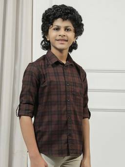 CRIMSOUNE CLUB - Boys Brown Checked 100% Cotton Shirt