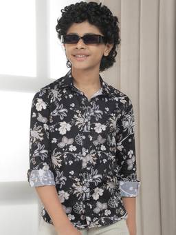 CRIMSOUNE CLUB - Boys Black 100% Cotton Floral Print Shirt