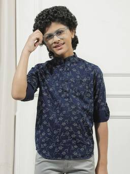 CRIMSOUNE CLUB - Boys Navy Blue 100% Cotton Graphic Print Mandarin Neck Short Kurta