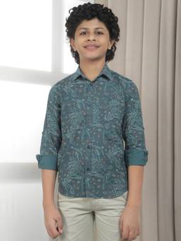 CRIMSOUNE CLUB - Boys Forest Green 100% Cotton Floral Print Shirt