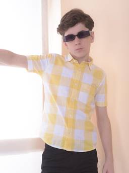 CRIMSOUNE CLUB - Boys Yellow 100% Cotton Checked Shirt