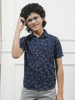 CRIMSOUNE CLUB - Boys Navy Blue 100% Cotton Floral Print Shirt