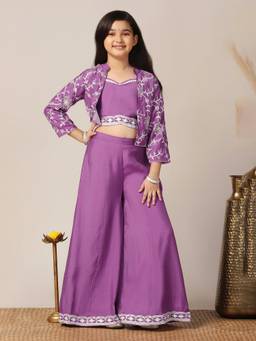 FASHION DREAM - Girls Purple Silk Blend Crop Top & Palazzo with Jacket