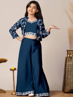 FASHION DREAM - Girls Teal Silk Blend Crop Top & Palazzo with Jacket