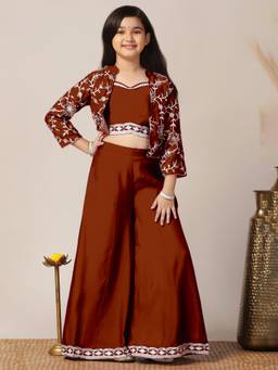 FASHION DREAM - Girls Rust Silk Blend Crop Top & Palazzo with Jacket