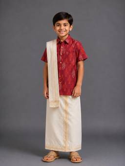 The Little Tales - Printed Deep Red Shirt With lungi & Patka