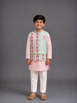 The Little Tales - Blue Pink carnation Kurta With Pyjama & Waistcoat