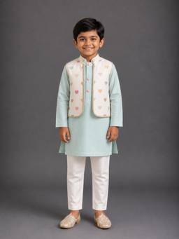 The Little Tales - Heart Print Jacket attached Kurta With Pyjama