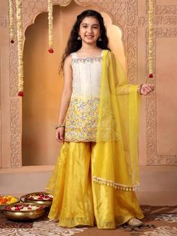 FASHION DREAM - Girls Yellow Silk Blend Kurta With Inner Palazzo & Dupatta