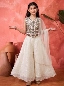FASHION DREAM - Girls White Silk Blend Floral Crop Top & Palazzo with Dupatta