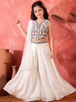 FASHION DREAM - Girls White Silk Blend Floral Crop Top & Palazzo with Dupatta