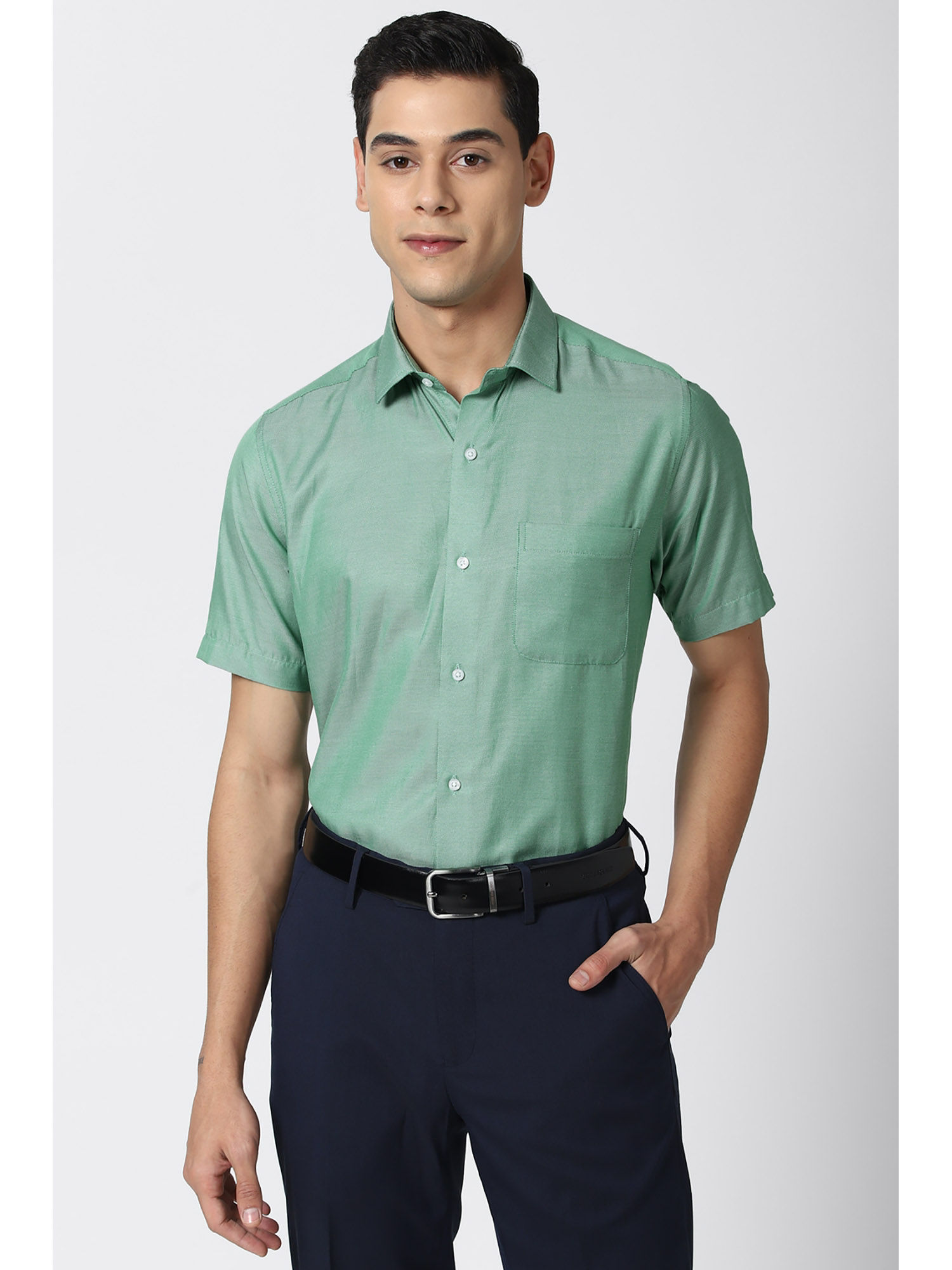 Buy Peter England Men Green Half Sleeves Formal Shirt Online