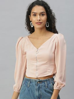 SHOWOFFFF - Women V-Neck Solid Peach Crop Top