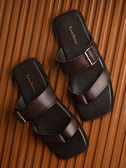 Louis Stitch - Brunette Brown Open Toe Lightweight T-Strap Leather Sandal with Adjustable Buckle Strap