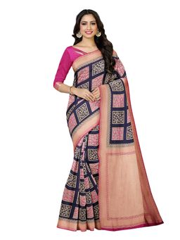Mimosa - Navy Blue Printed Embellished Saree With Unstitched Blouse