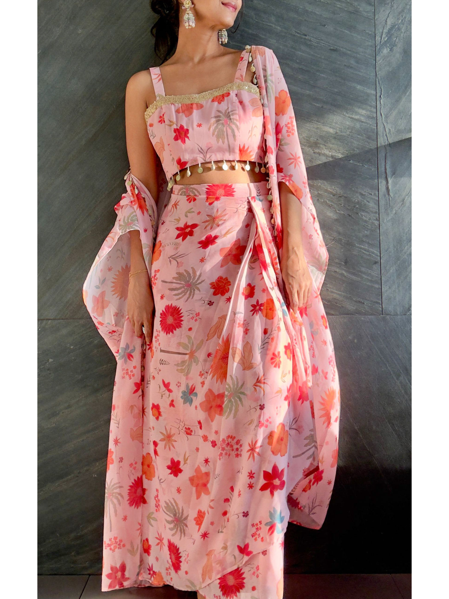 Pink Tropical Crop Top and Draped Skirt with Jacket (Set of 3)-image-20