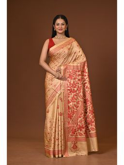 Ramshyam Collection - Beige Blended Silk Kantha Saree with Unstitched Blouse