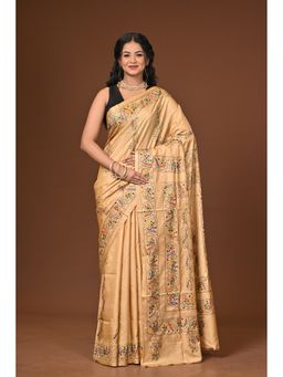 Ramshyam Collection - Beige Blended Silk Kantha Saree with Unstitched Blouse