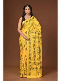 Ramshyam Collection - Yellow Blended Silk Kantha Saree with Unstitched Blouse
