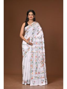 Ramshyam Collection - White Blended Silk Kantha Saree with Unstitched Blouse