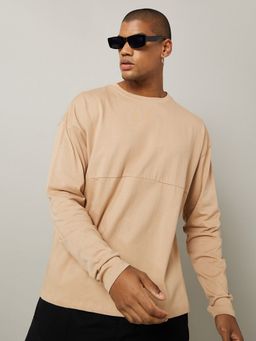 Styli - Beige Long Sleeve Oversized T-Shirt with Cut & Sew Panel Detail