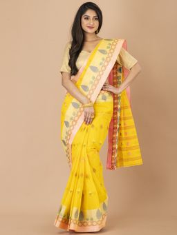 LAA CALCUTTA - Yellow and Multi Pure Cotton Tant Saree