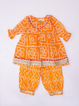 LITTLE GINNIE - Orange Printed Regular Kurta and Salwar