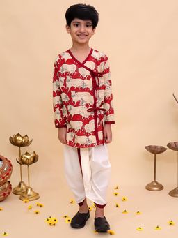 LITTLE GINNIE - Red Printed Regular Kurta and Dhoti