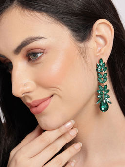 Sohi - Green Stone Studded Leaf Contemporary Drop Earrings