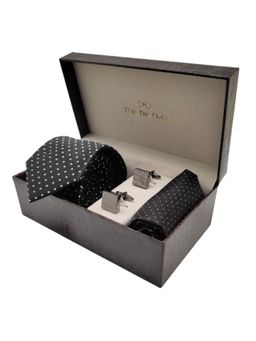 The Tie Hub - Men Black Microfibre Printed Necktie & Pocket Square with Pair Of Cufflink Gift Set