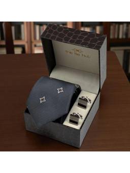 The Tie Hub - Men Grey Bamboo Silk Floral Necktie & Pair Of Cufflink Gift Set