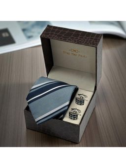 The Tie Hub - Men Blue Bamboo Silk Printed Necktie & Pair Of Cufflink Gift Set