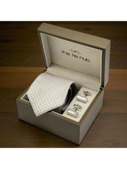 The Tie Hub - Men Grey Silk Printed Necktie & Pair Of Cufflink Gift Set