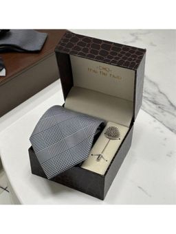 The Tie Hub - Men Grey Bamboo Silk Checks Necktie & Lapel Pin Gift Set