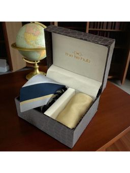The Tie Hub - Men Grey Microfibre Stripes Necktie & Pocket Square Gift Set